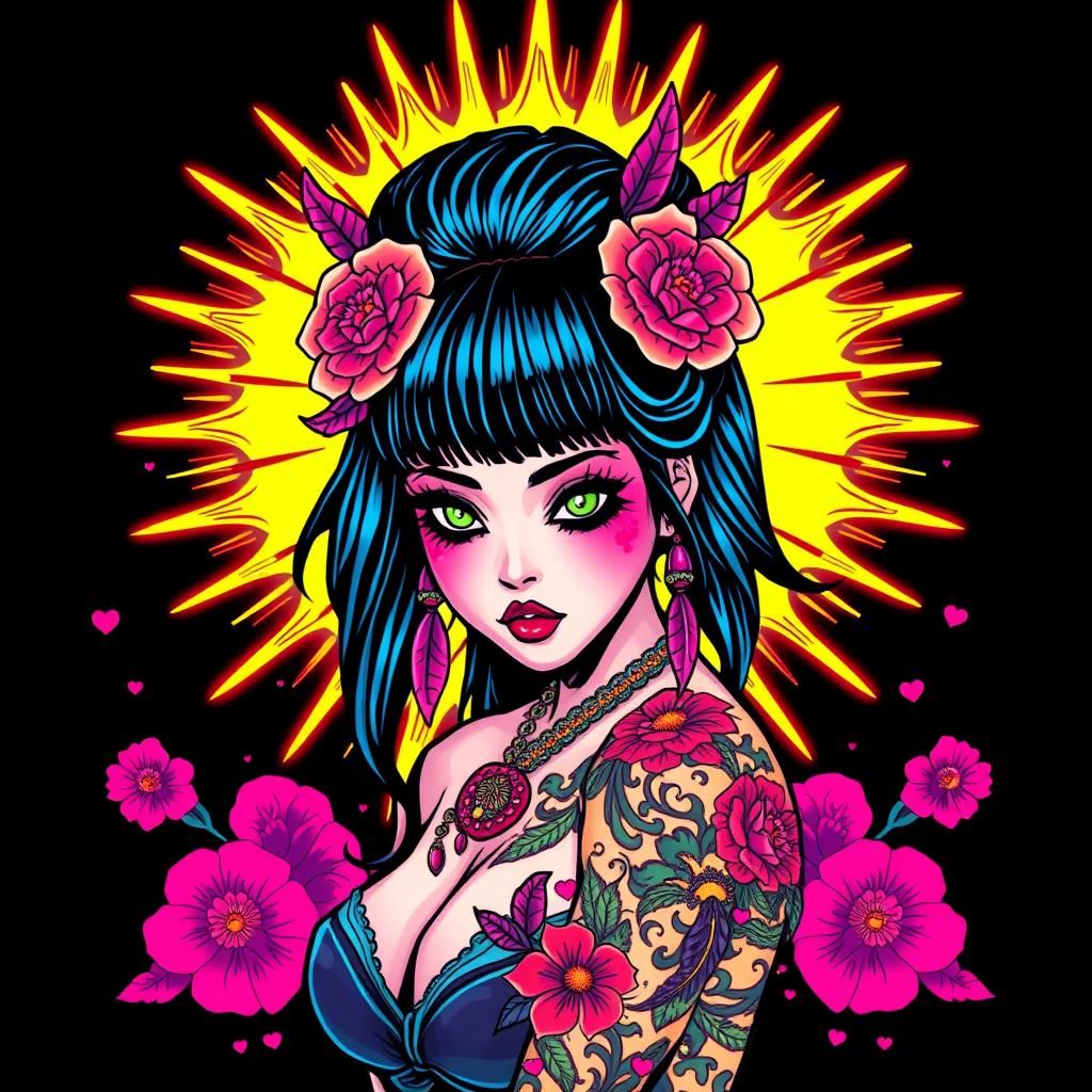 Japanese Rave Girl with Neon Tribal Tattoos