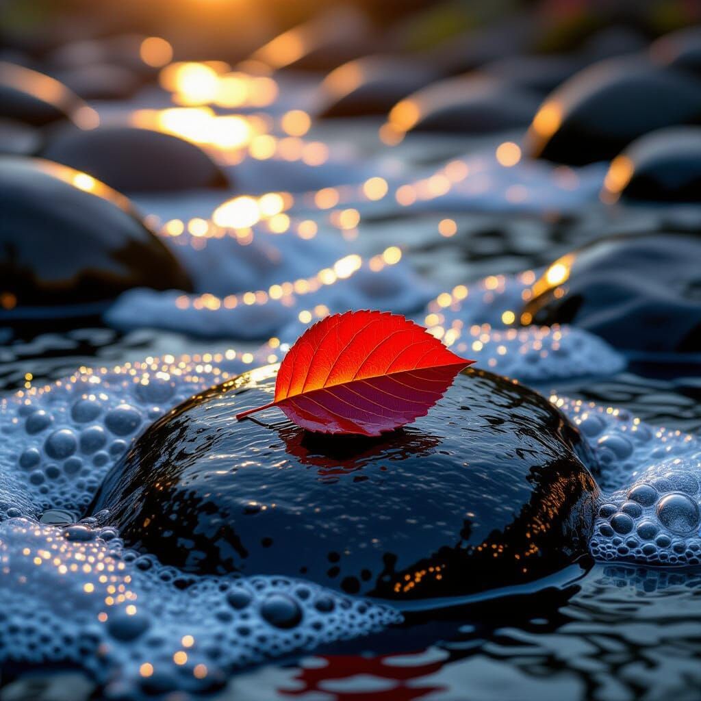 Vibrant Red Leaf on Black Rock in Dynamic Graffiti Style