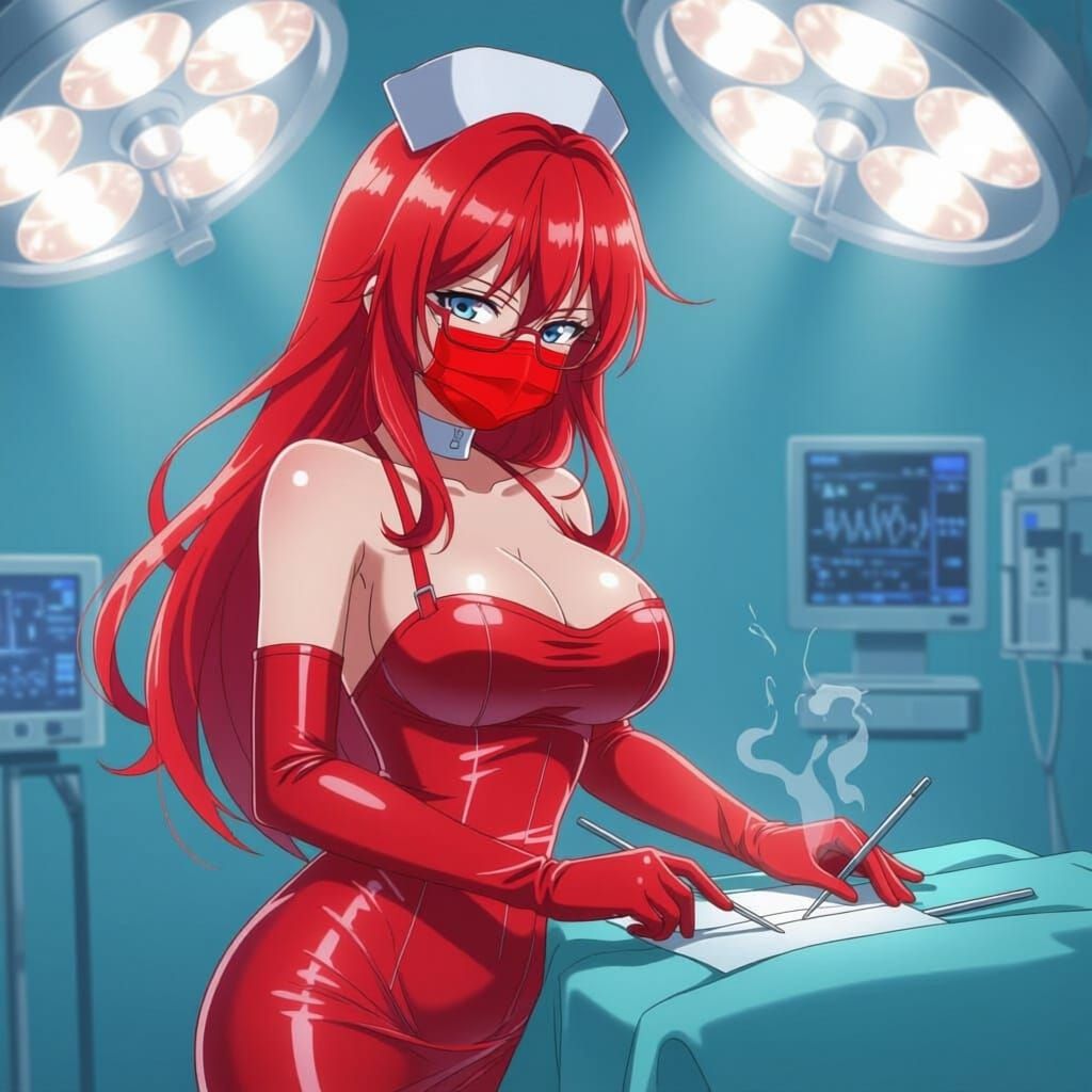 Anime Nurse in Red Latex Gloves Preparing for Procedure