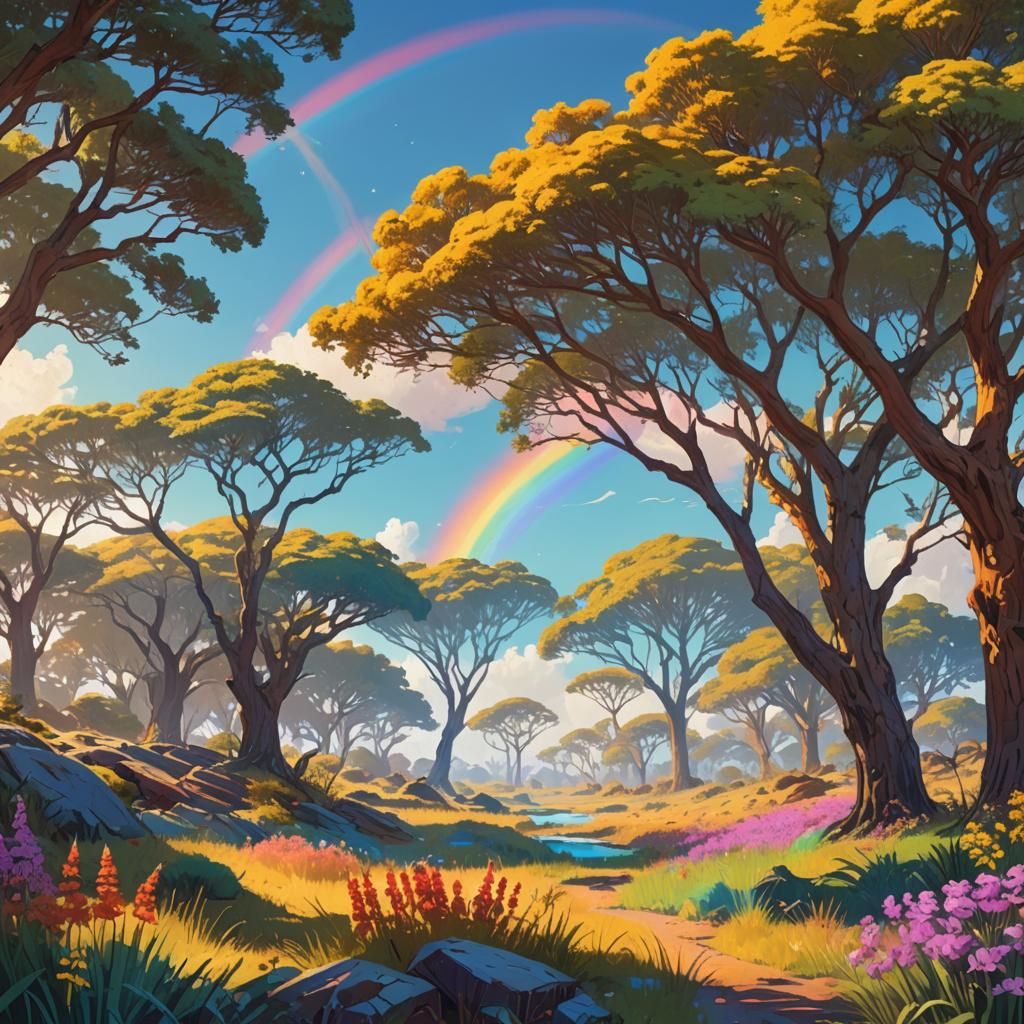 Rainbow Savannah Landscape in Fantasy Digital Art Style