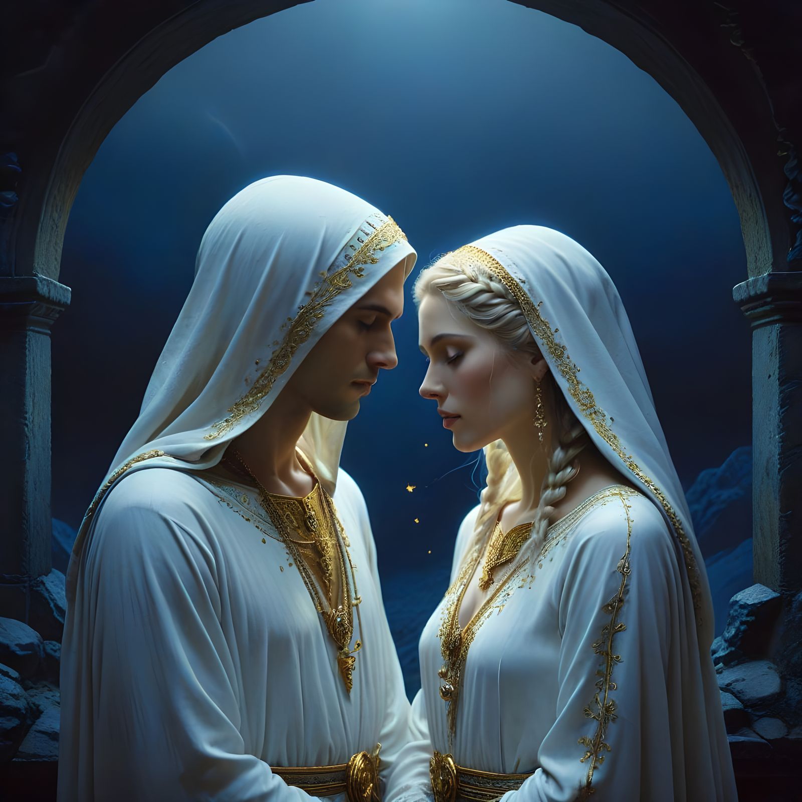 Whispering Hooded Figures in Ethereal Lighting