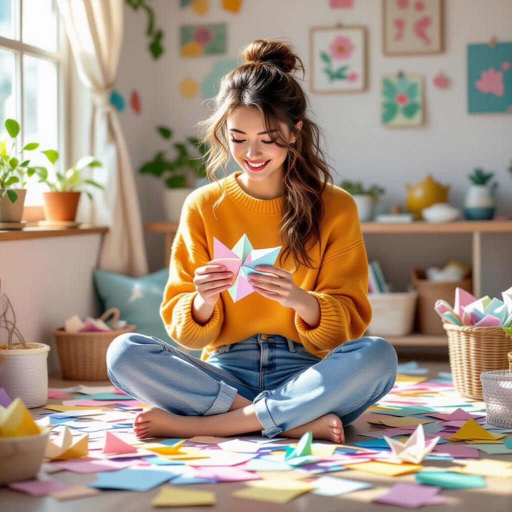 Woman Creating Origami Art in Whimsical Style
