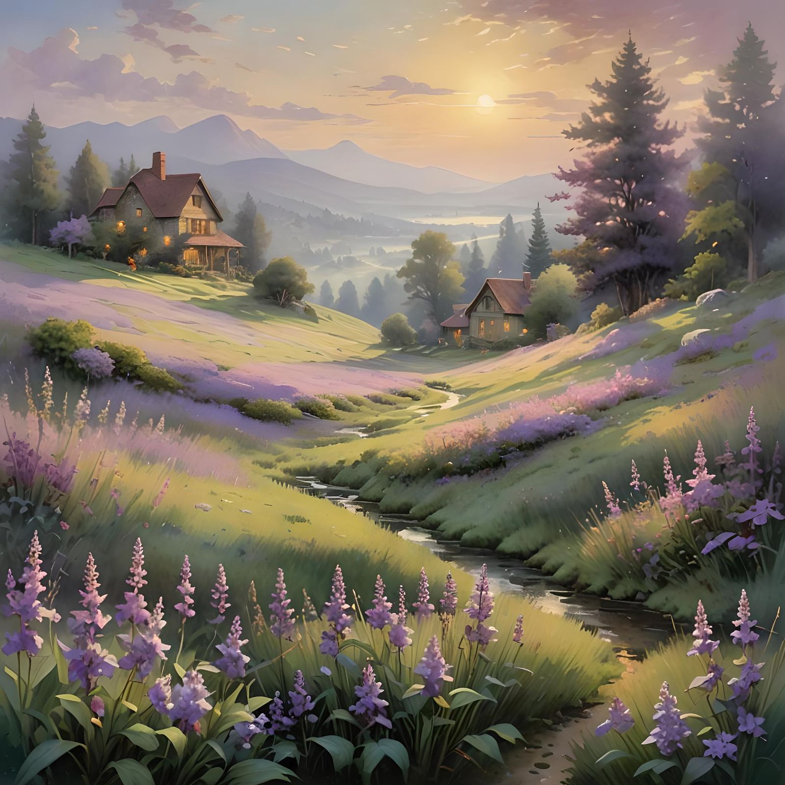 Lilac Meadow Sunset: Impressionist Watercolor Landscape