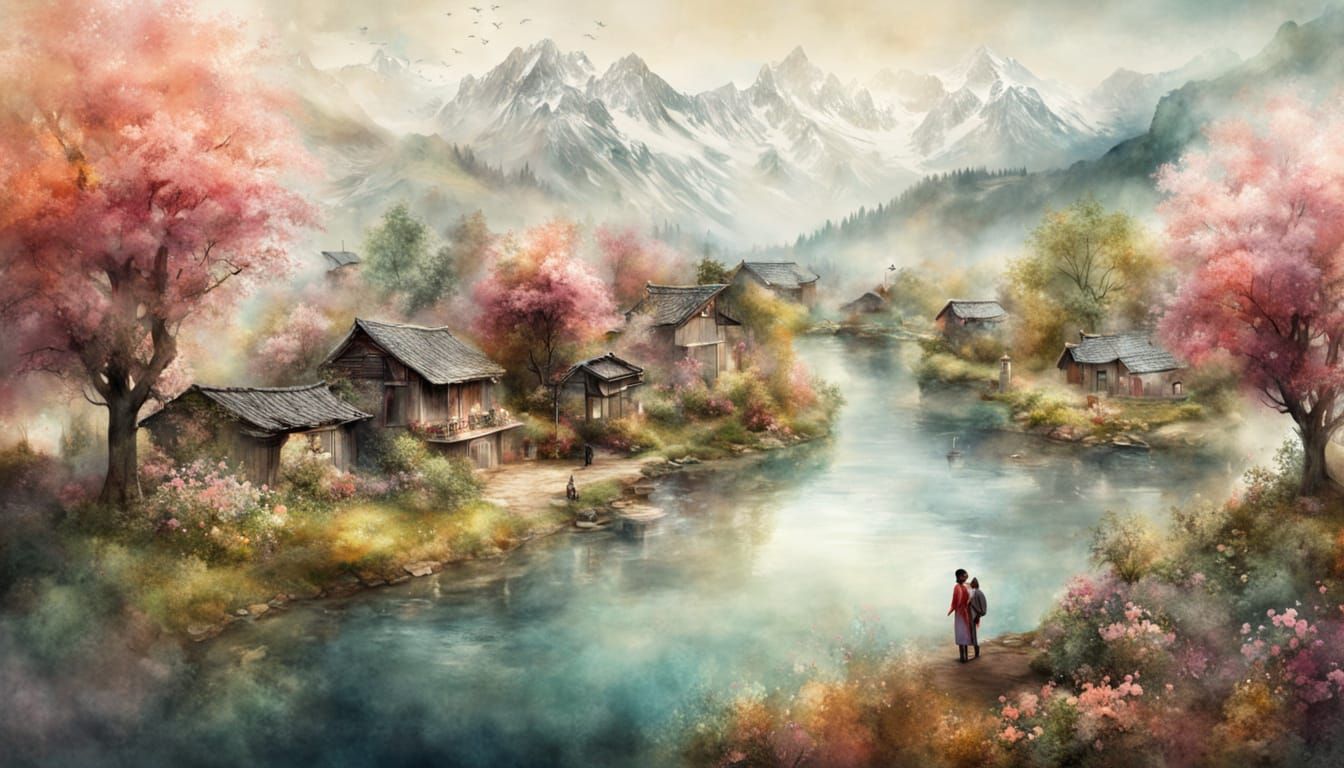 Ethereal Himalayan Village Panorama with Blooming Trees and ...