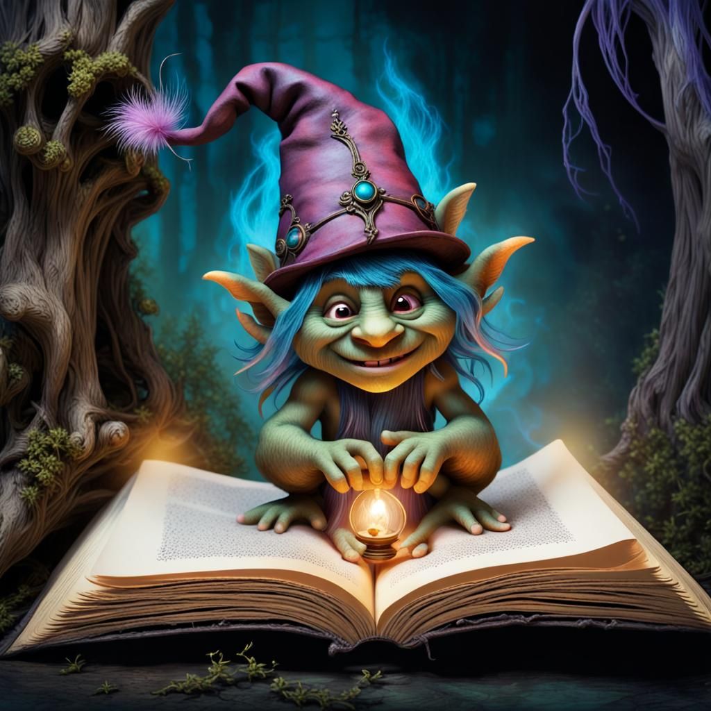 Little troll emerges energetically from an enchanted scene within the pages of a magic storybook