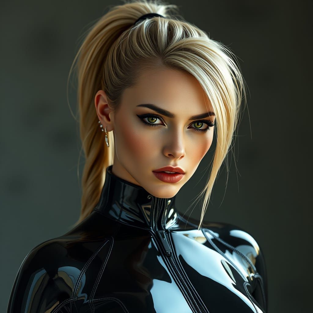 Hyperrealistic Woman in Latex Catsuit, Ponytail