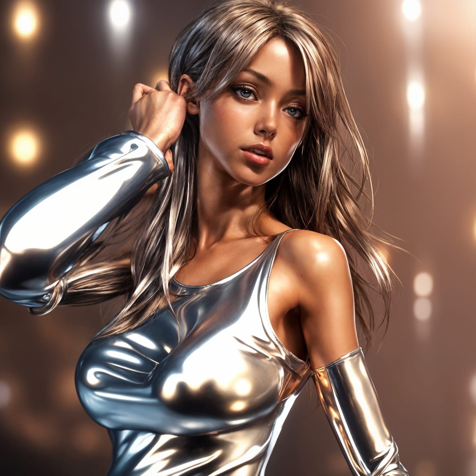 Anime Girl in Metallic Dress: 3D Digital Art