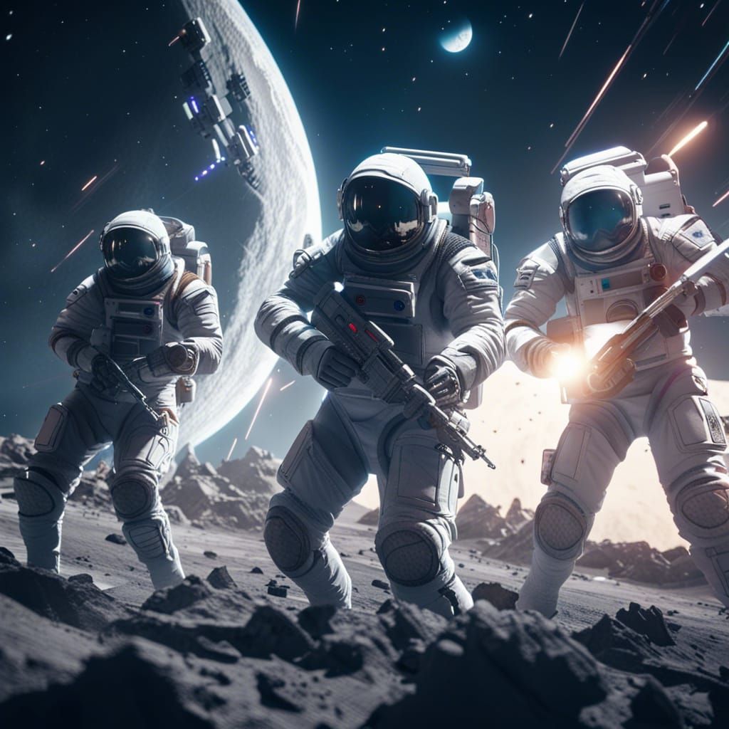 Moon Battle: Spacesuit Soldiers Clash in Epic Sci-Fi Fight