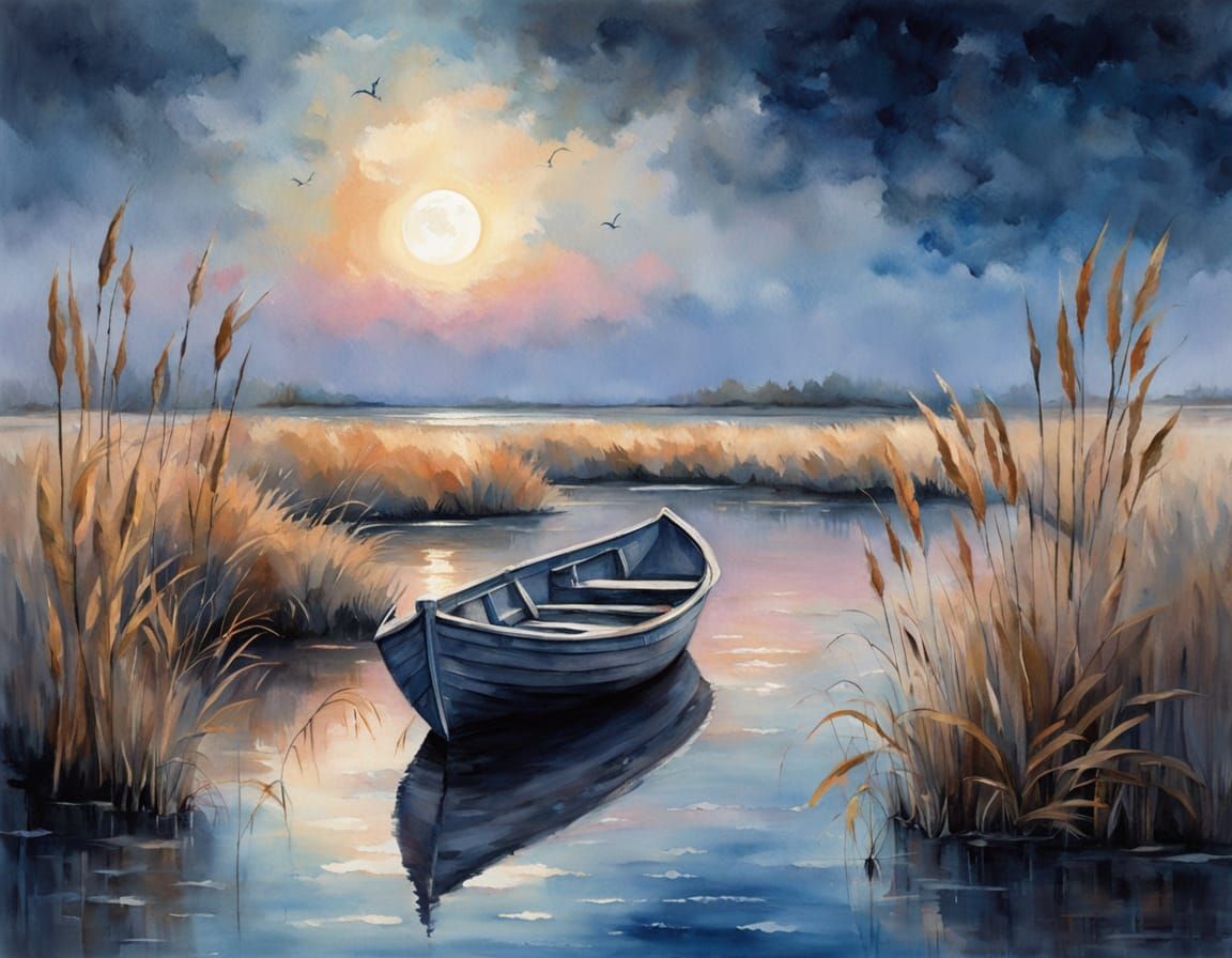 Weathered Boat in Marsh: Watercolor Impressionist Painting