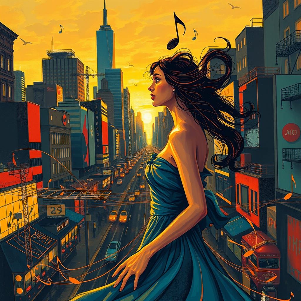 Surreal Melodic Maiden Lost in Vibrant City Rhythm