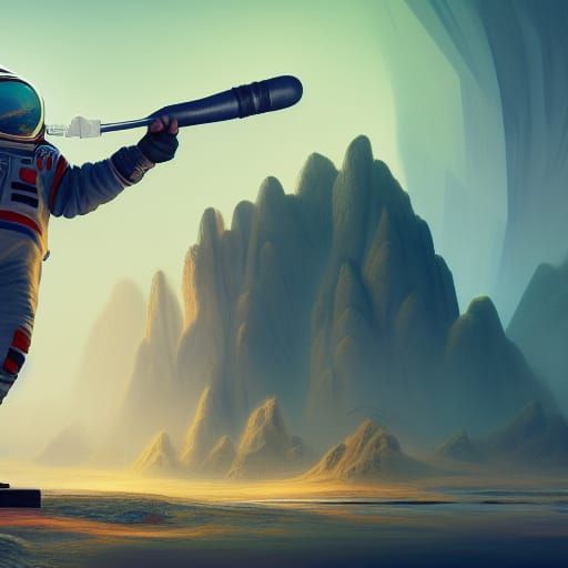 Astronaut with Hammer and Spoon: Detailed Matte Painting