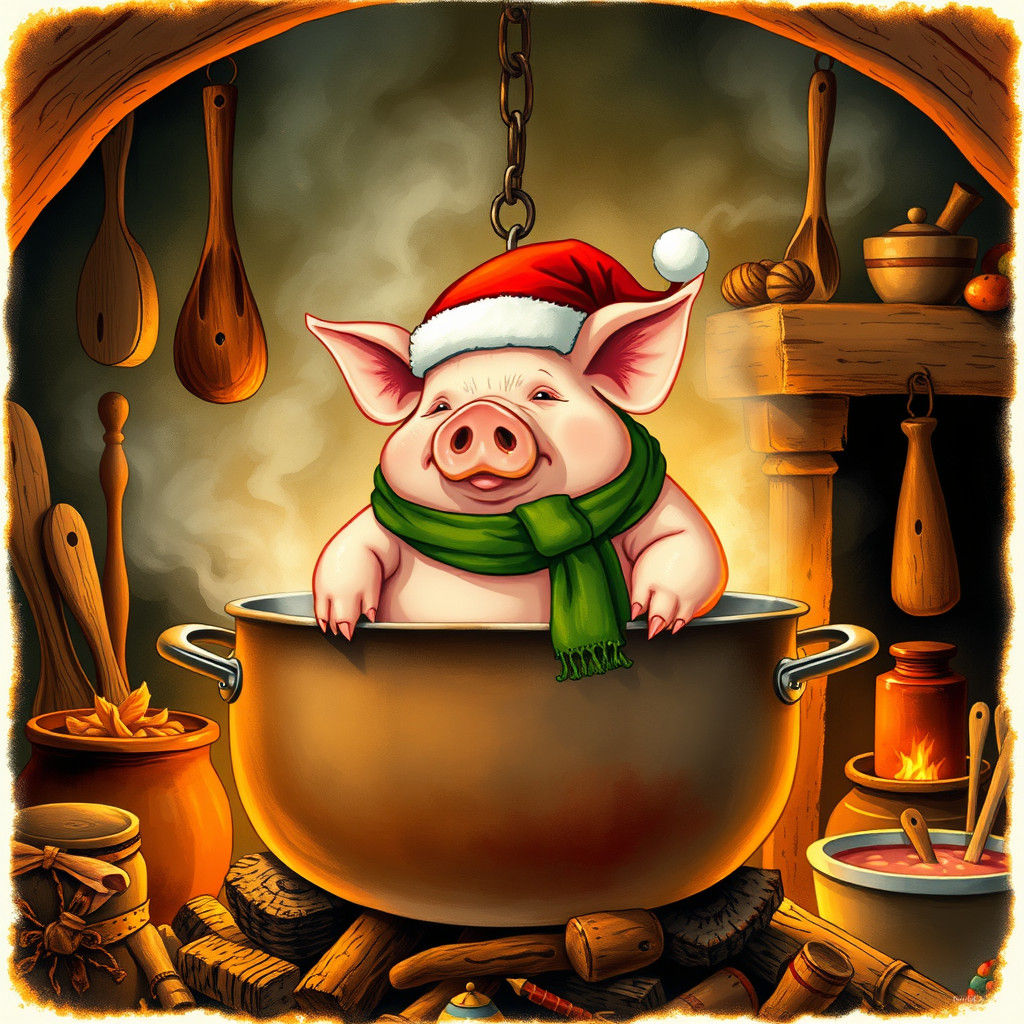 Festive Pig in a Pot: Whimsical Illustration