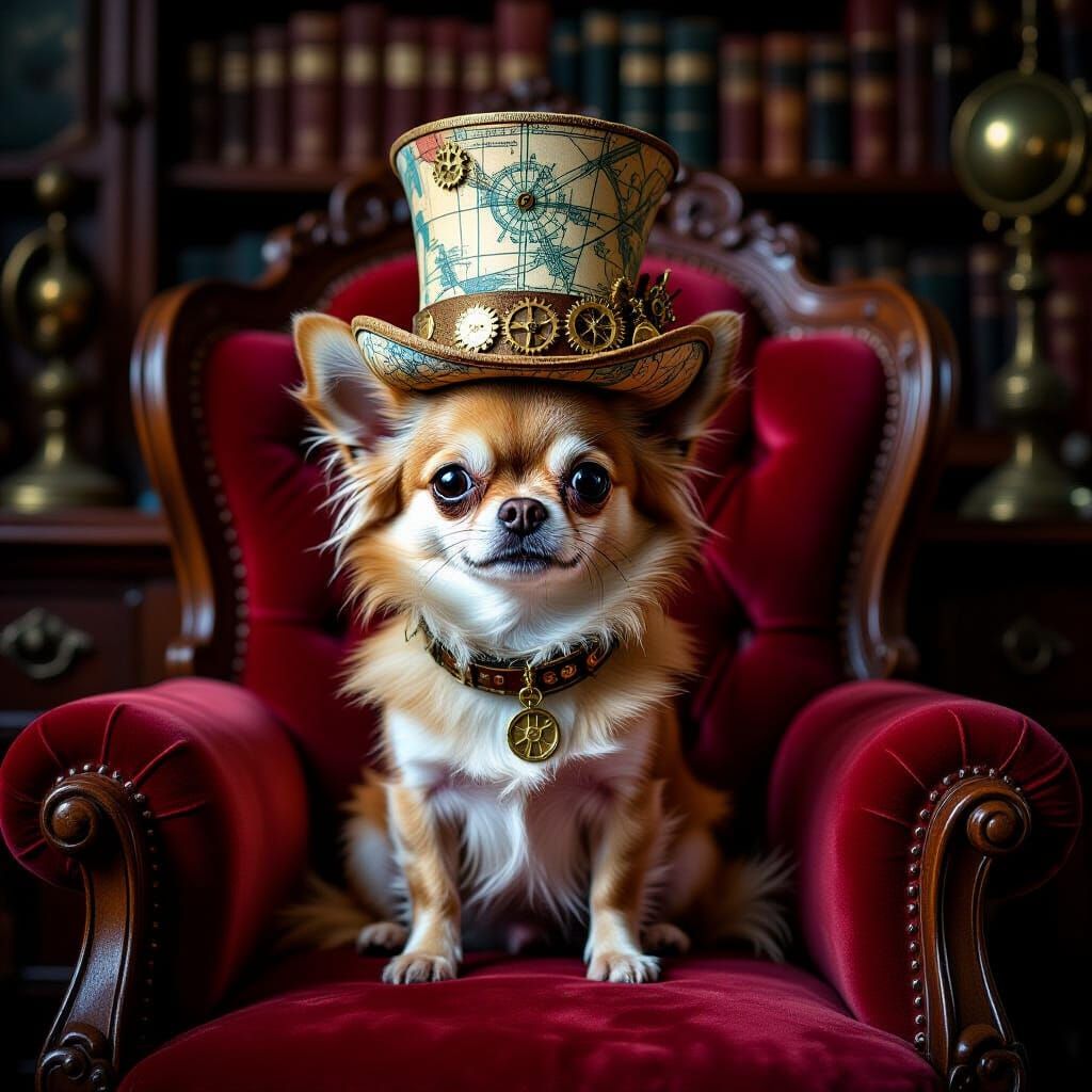 Chihuahua King in Steampunk Victorian Study