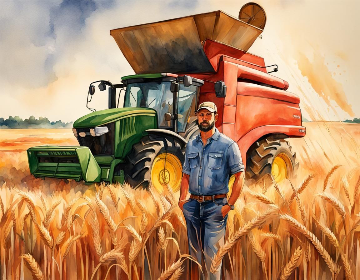 Watercolor Farmer with Harvester in Wheat Field