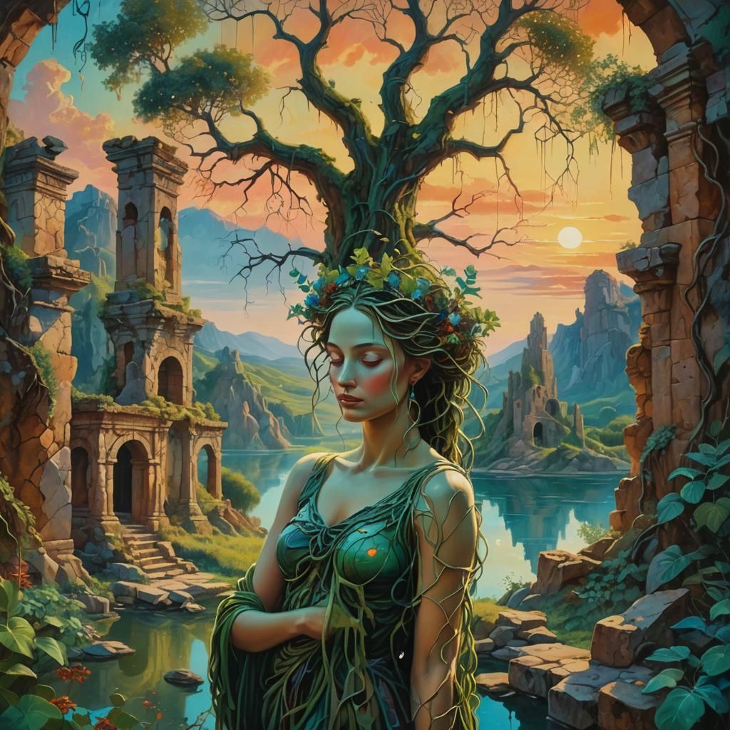 Tree Nymph in Surreal Oil Paint Landscape
