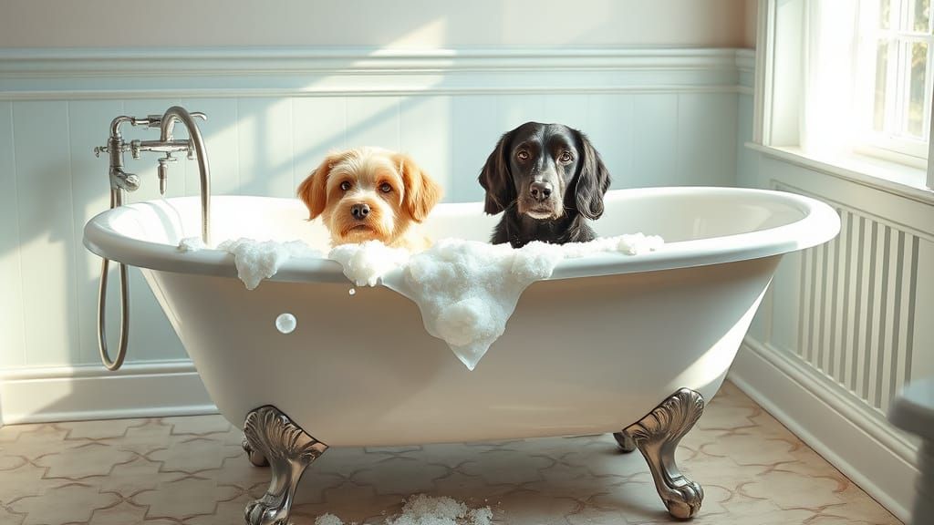 Vintage Bathroom Oasis with Adorable Canine Friends