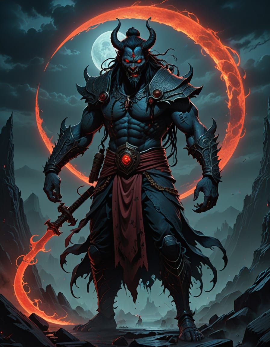 Dark Fantasy JINN with Piercing Red Eyes and Razor-Sharp Fan...