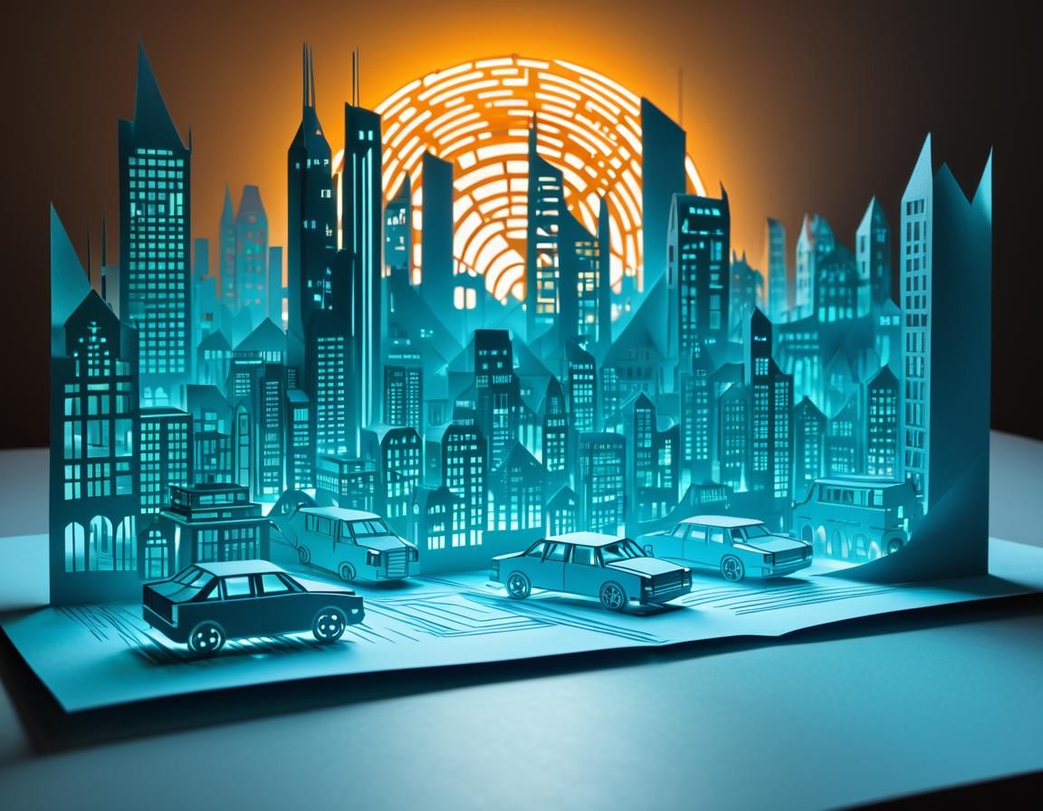 Futuristic Kirigami Cityscape with Neon Lights