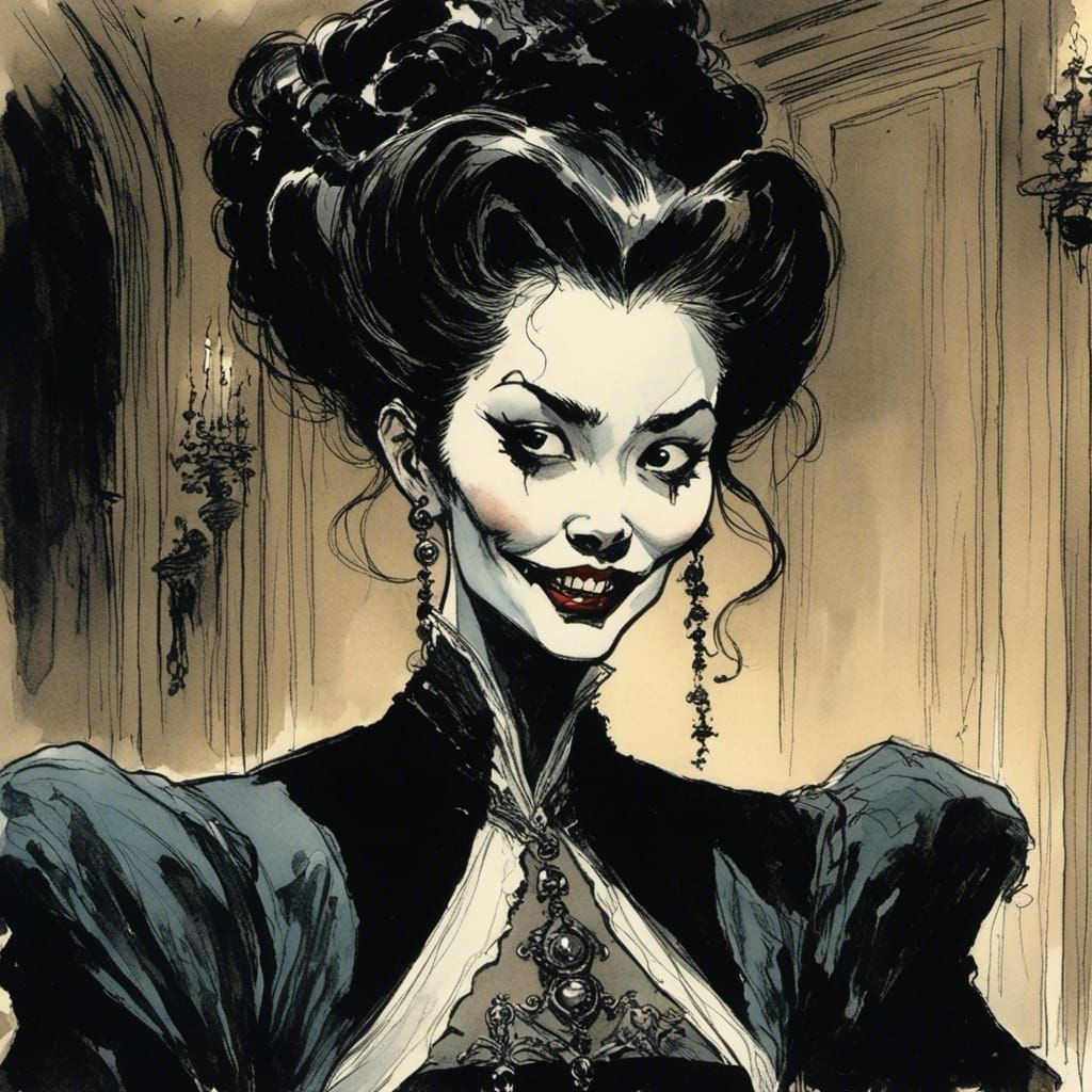 Sinister Vampire Woman in Gothic Ballroom Horror