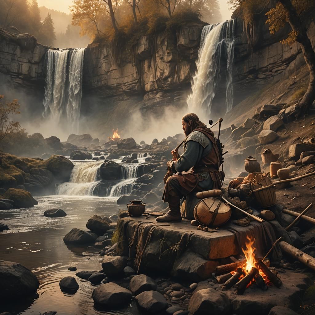 Medieval Warrior Resting by Campfire Matte Painting