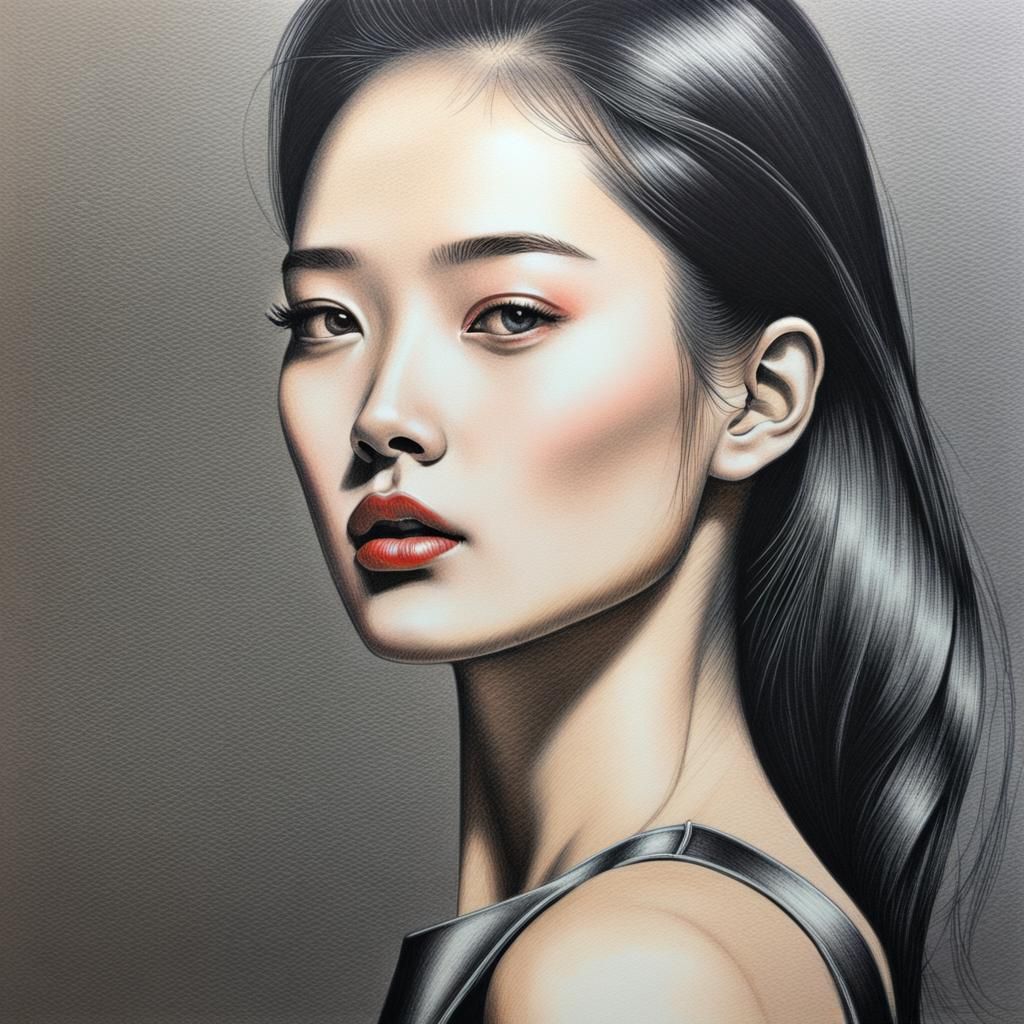 Futuristic Korean Model in Color Pencil Drawing