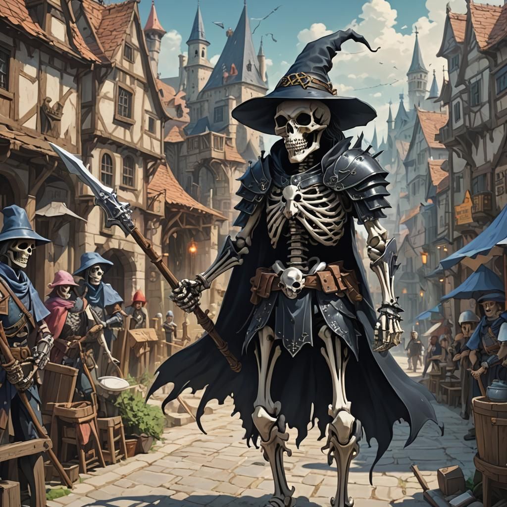 Armored Skeleton Wizard in Seaside Town, Anime Style