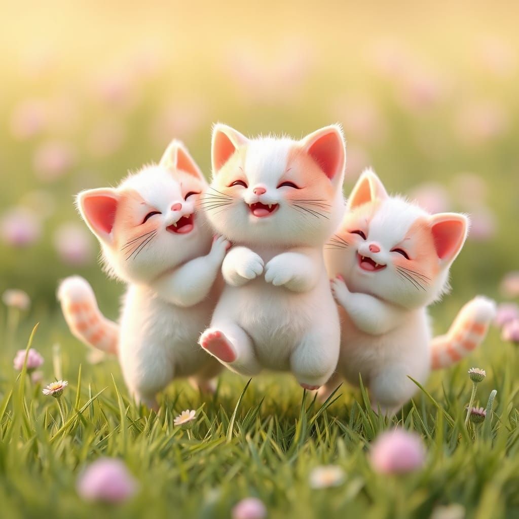 Pastel Marshmallow Cats Playing in the Grass