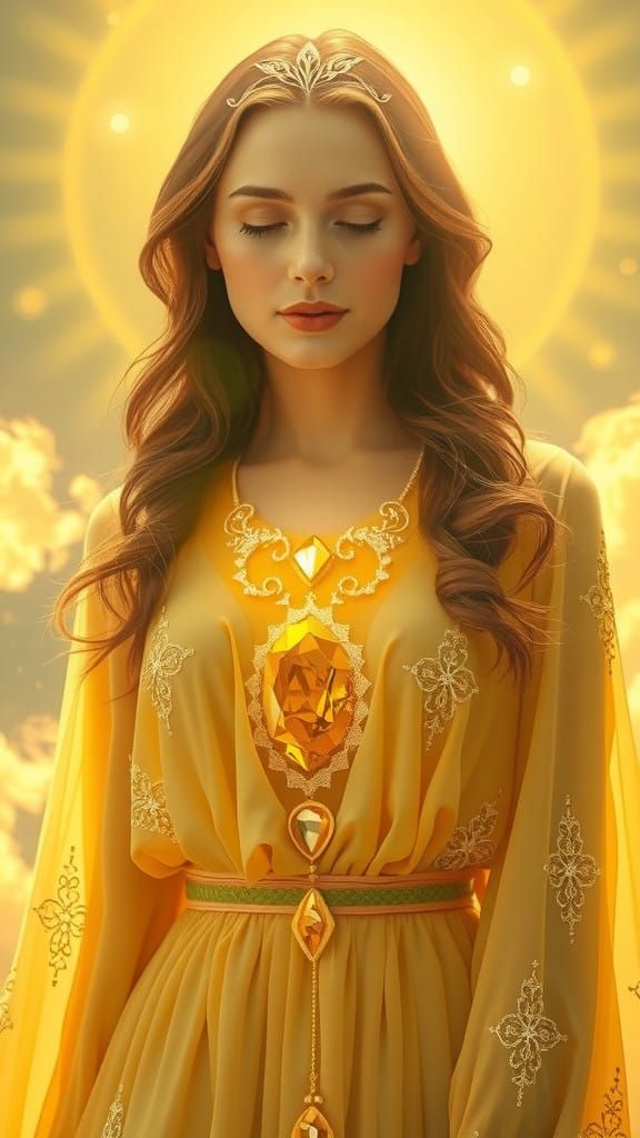Ethereal Goddess Radiates Golden Light and Vibrant Yellow En...