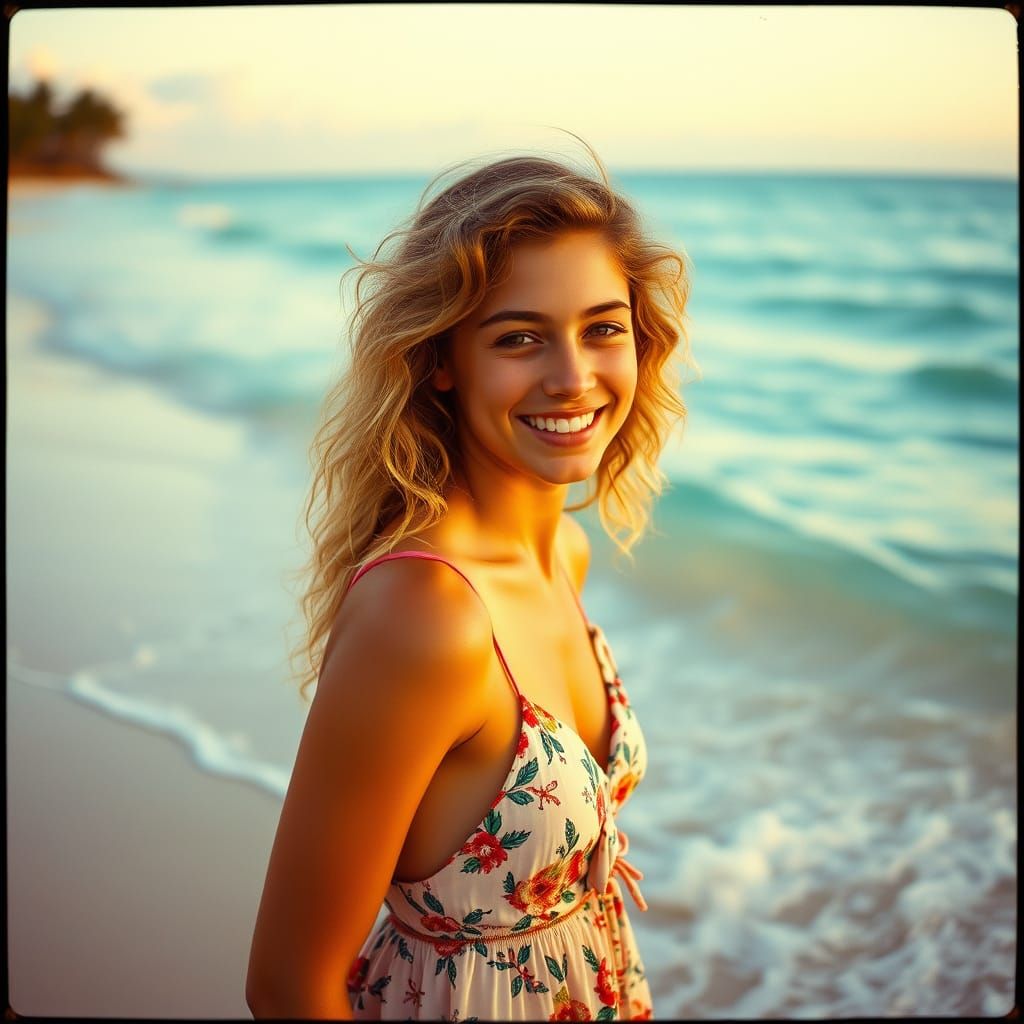 Radiant Teen Girl on Tropical Beach in Warm Light