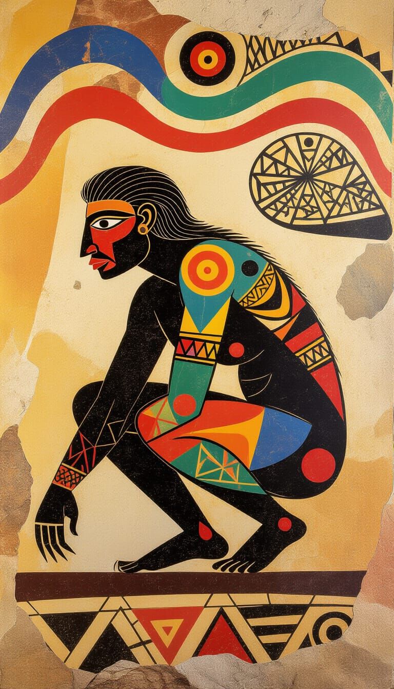 Stylized Human Figure Cave Painting in Ochre and Charcoal