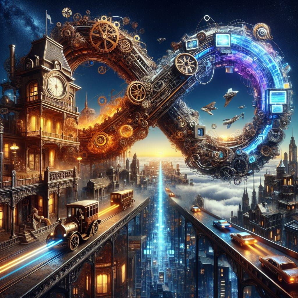 Surreal Infinity Loop Merging Steampunk and Cyberpunk