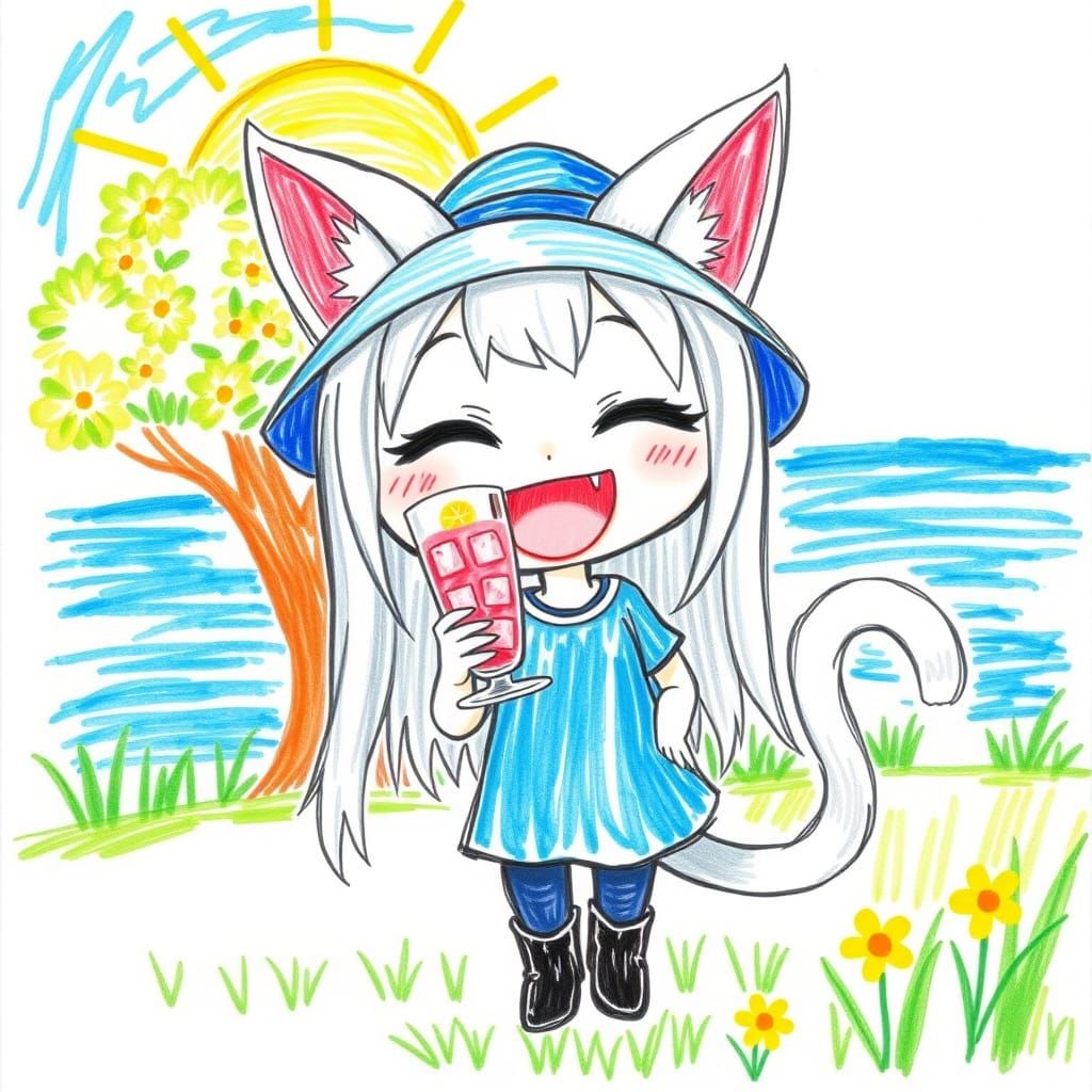 Anime Catgirl Crayon Drawing with Lemonade