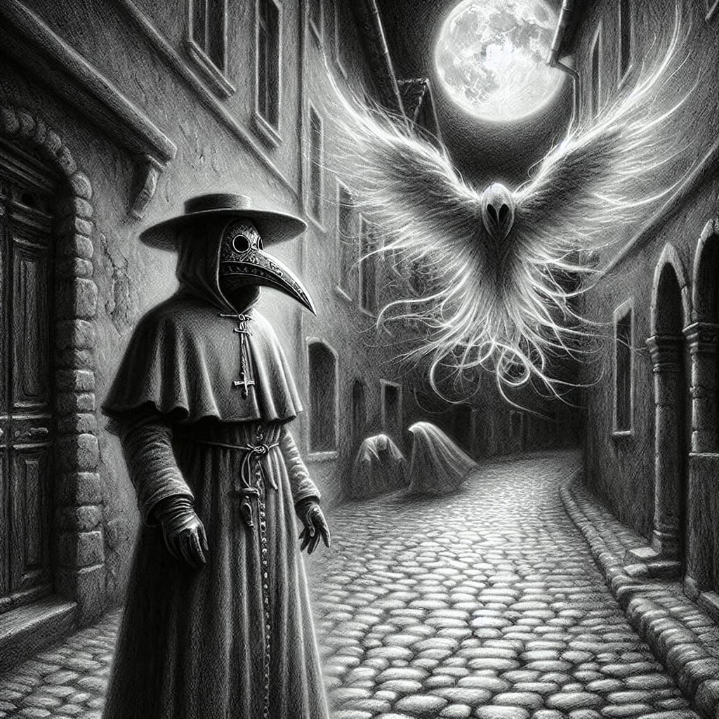 Medieval Plague Doctor with Angel Wings in Charcoal