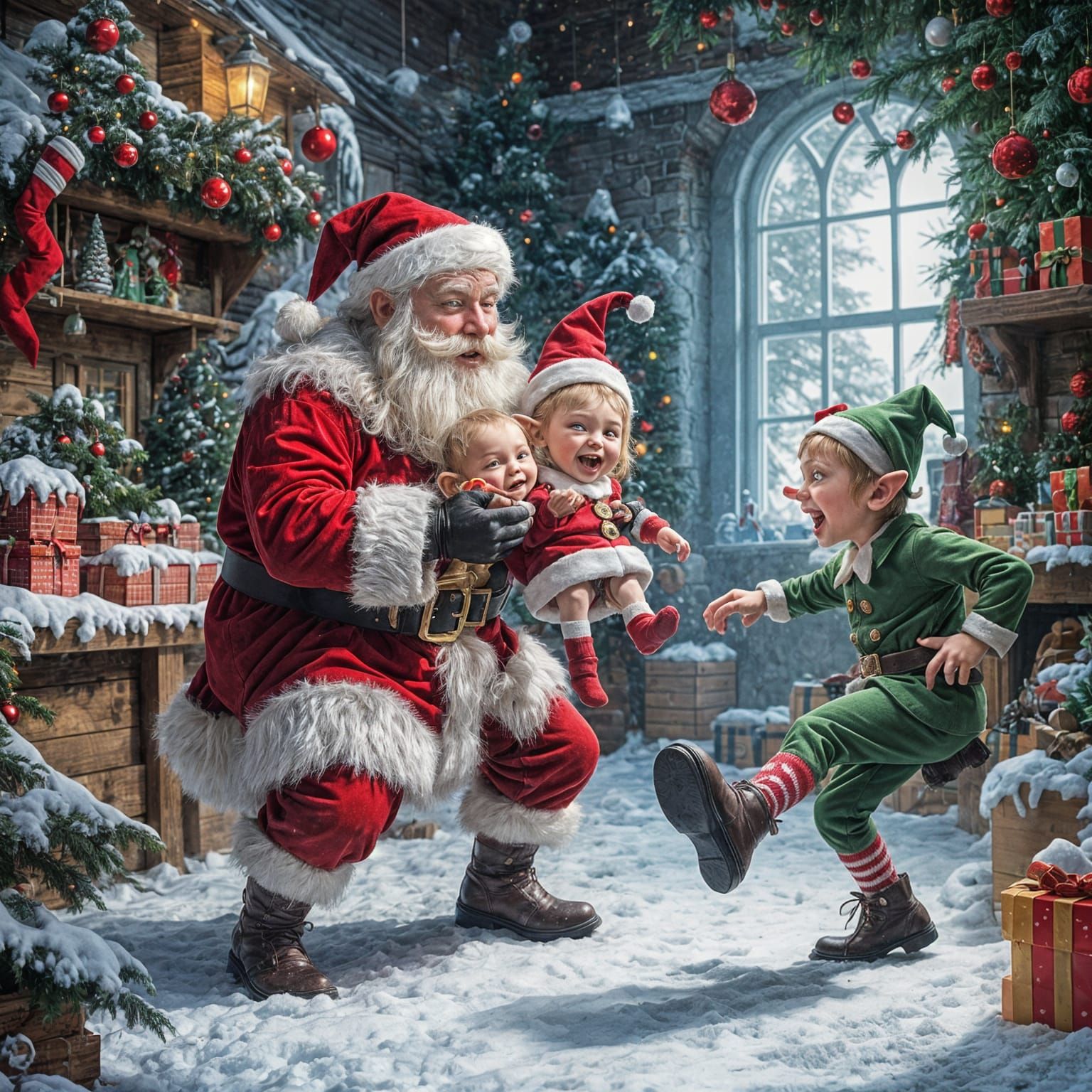 Jolly Santa Prepares to Scold Naughty Elf in Whimsical North...