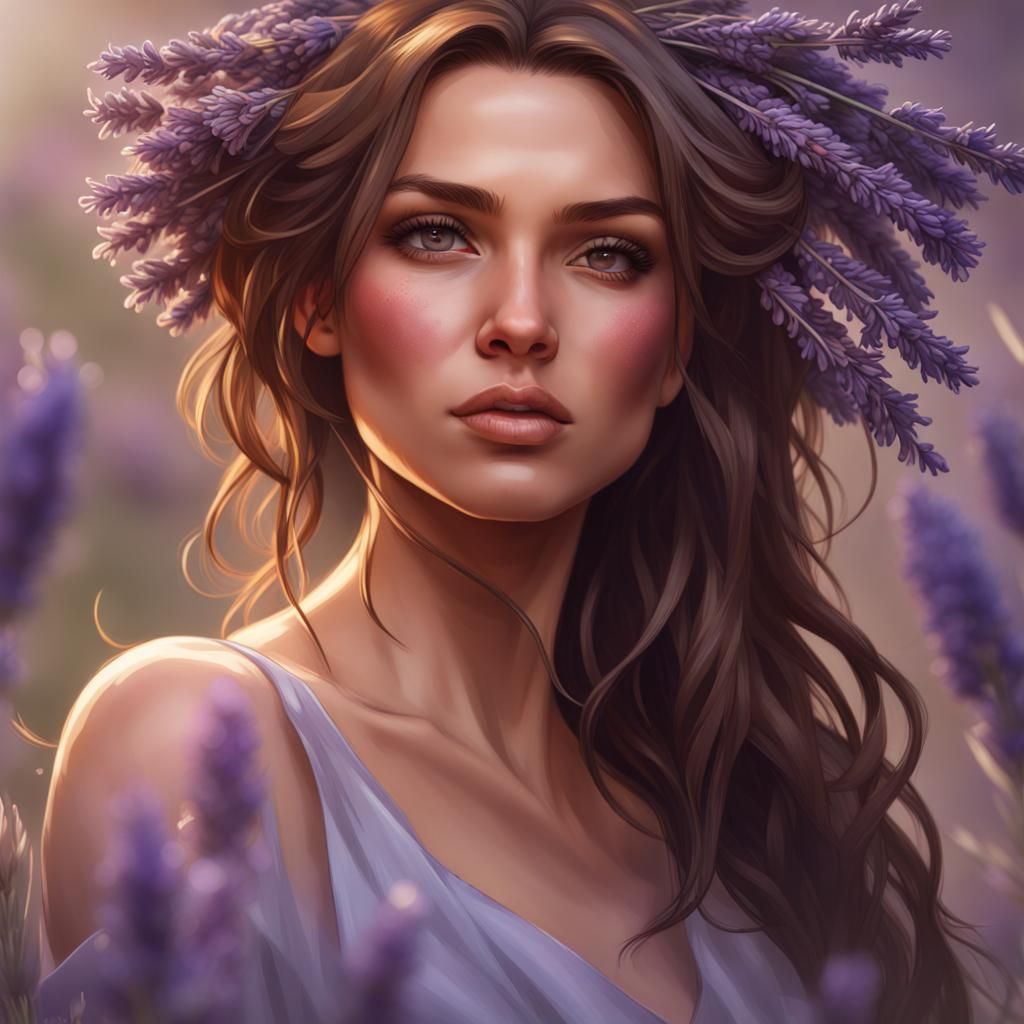 Woman with Lavender Portrait, Hyperdetailed Digital Art
