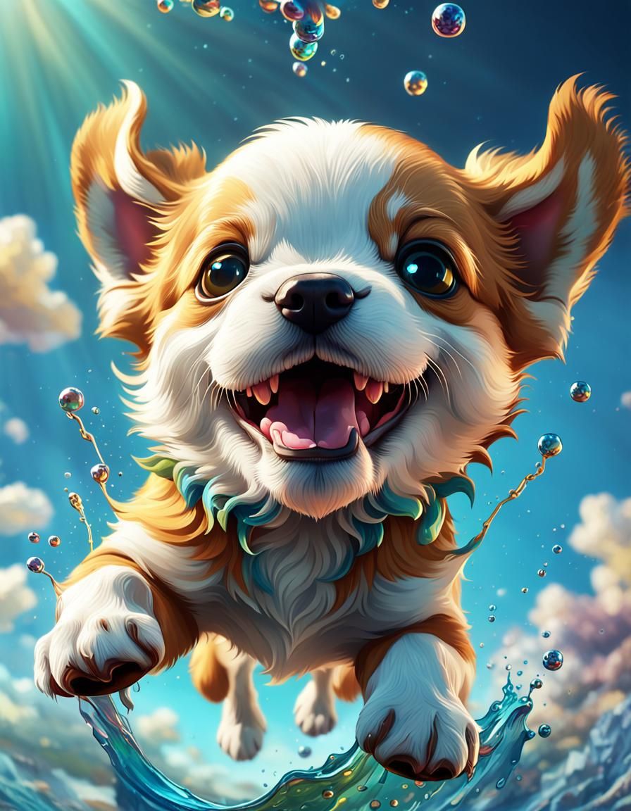 Cute Upside-Down Puppy Smiling in Hyperrealistic Splash Art
