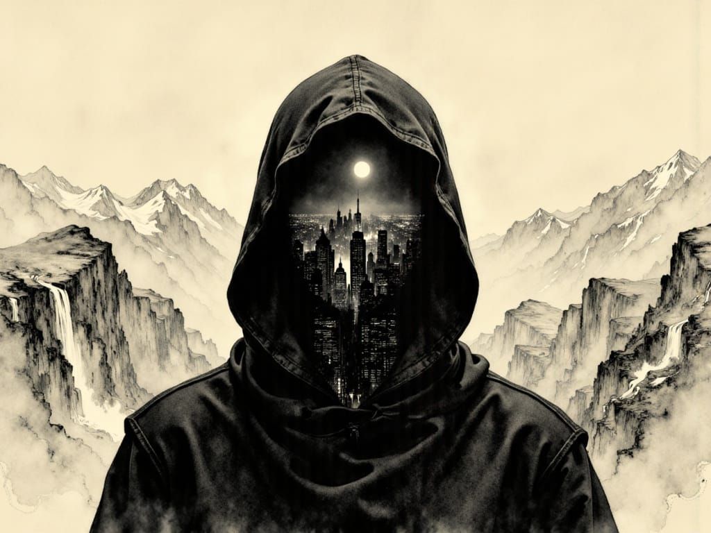 Hooded Figure With Cityscape Hood Over Sepia Landscape