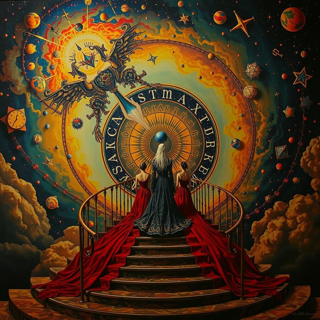 Three Sisters Ascend Celestial Staircase in Hyperrealistic A...