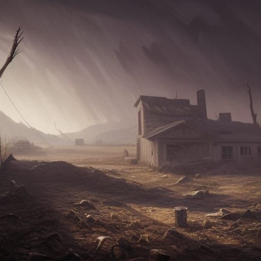 Desolate Farm with Obsidian Cyst: Dark Fantasy Art