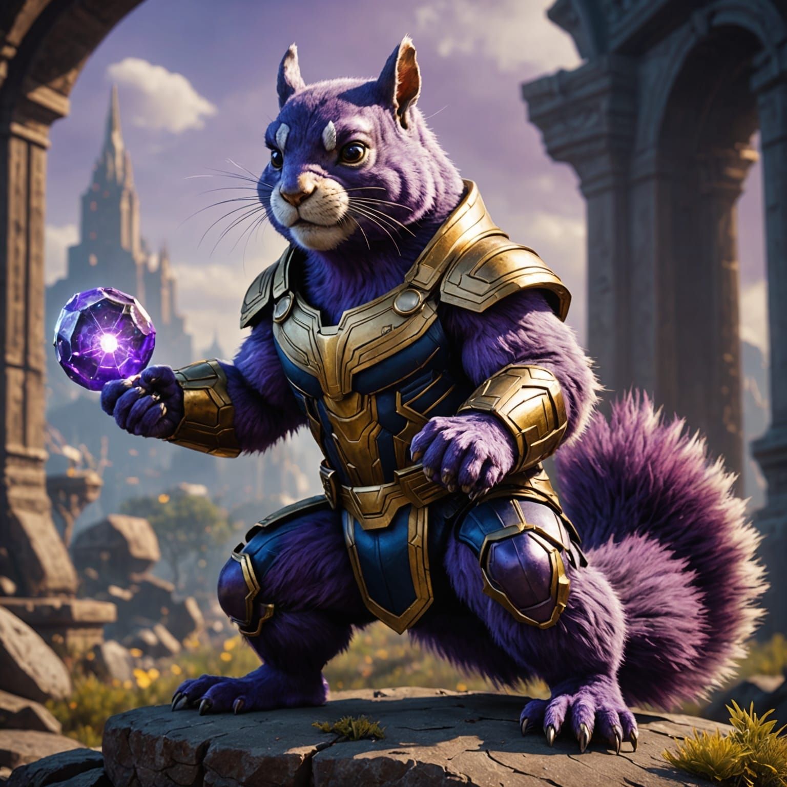 Thanos Squirrel with Time Gauntlet: Detailed Digital Art