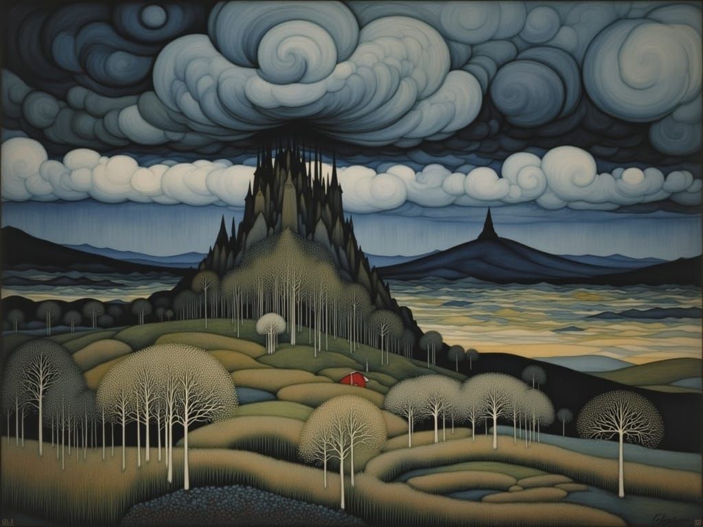 Moorland Pines and Birches Before Approaching Storm