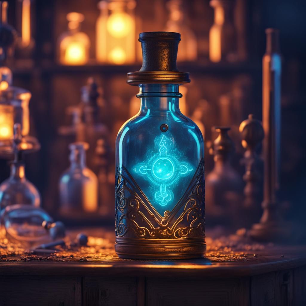 Glowing Neon Bottle in Alchemical Laboratory