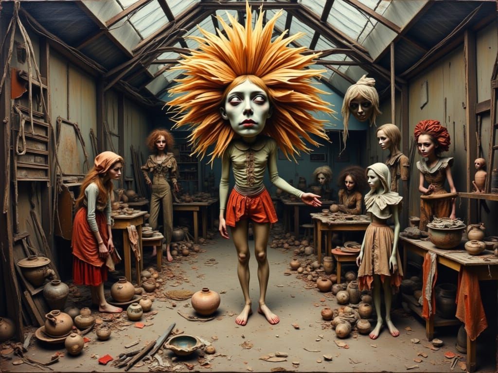 Mad Potter's Studio: Chaotic Oil Painting of Energetic Creat...