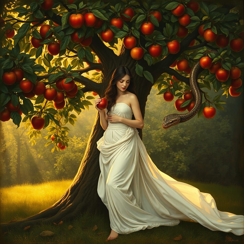 Eve in Serene Garden, Surrounded by Chiaroscuro and Symbolis...