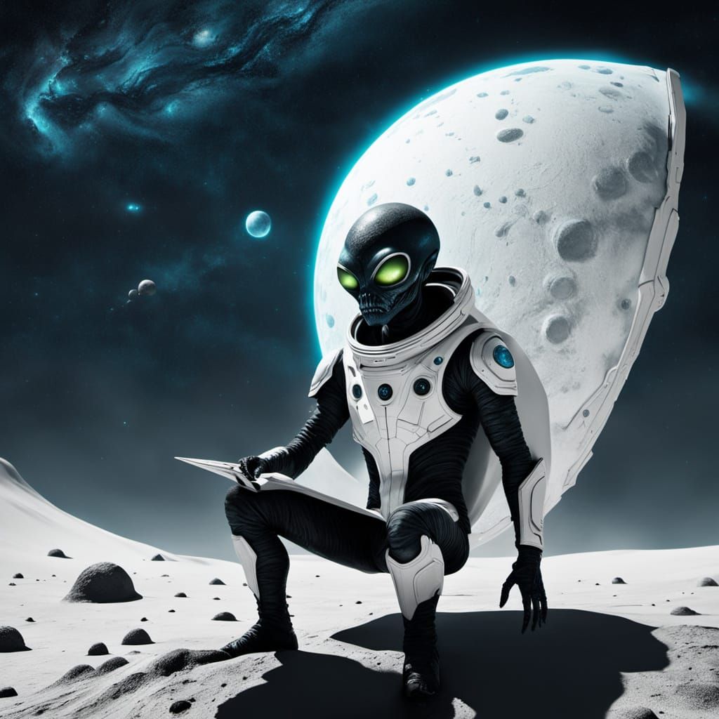 Dark Alien Monster Holds Pizza in Cosmic Surreal Landscape