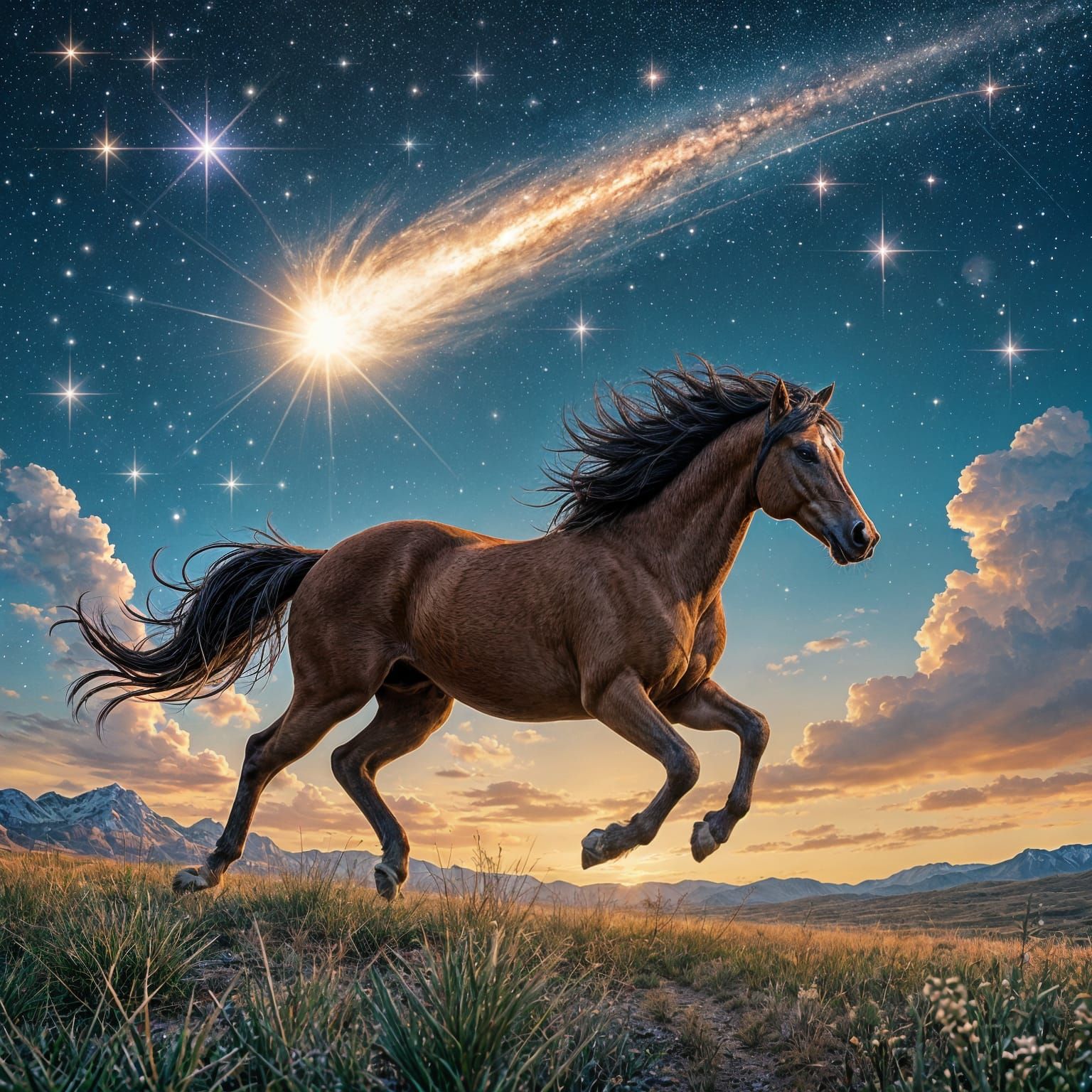 Wild Mustang Runs Free Under Diamond Sky