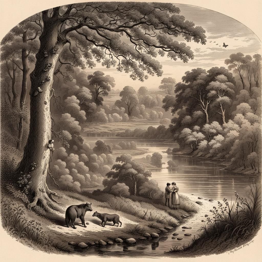 Bear and Cub: Copperplate Engraving Illustration