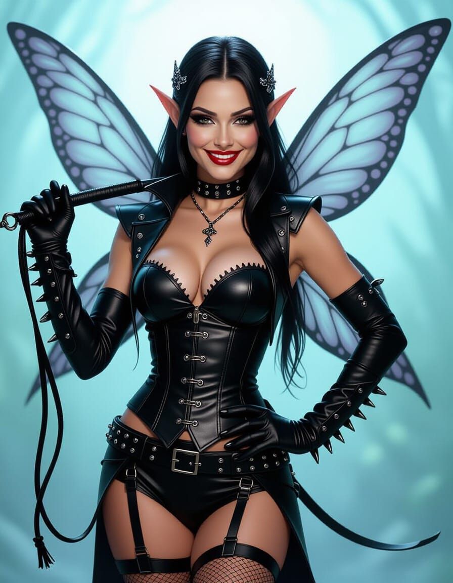 Edgy Fairy in Black Leather with Whip