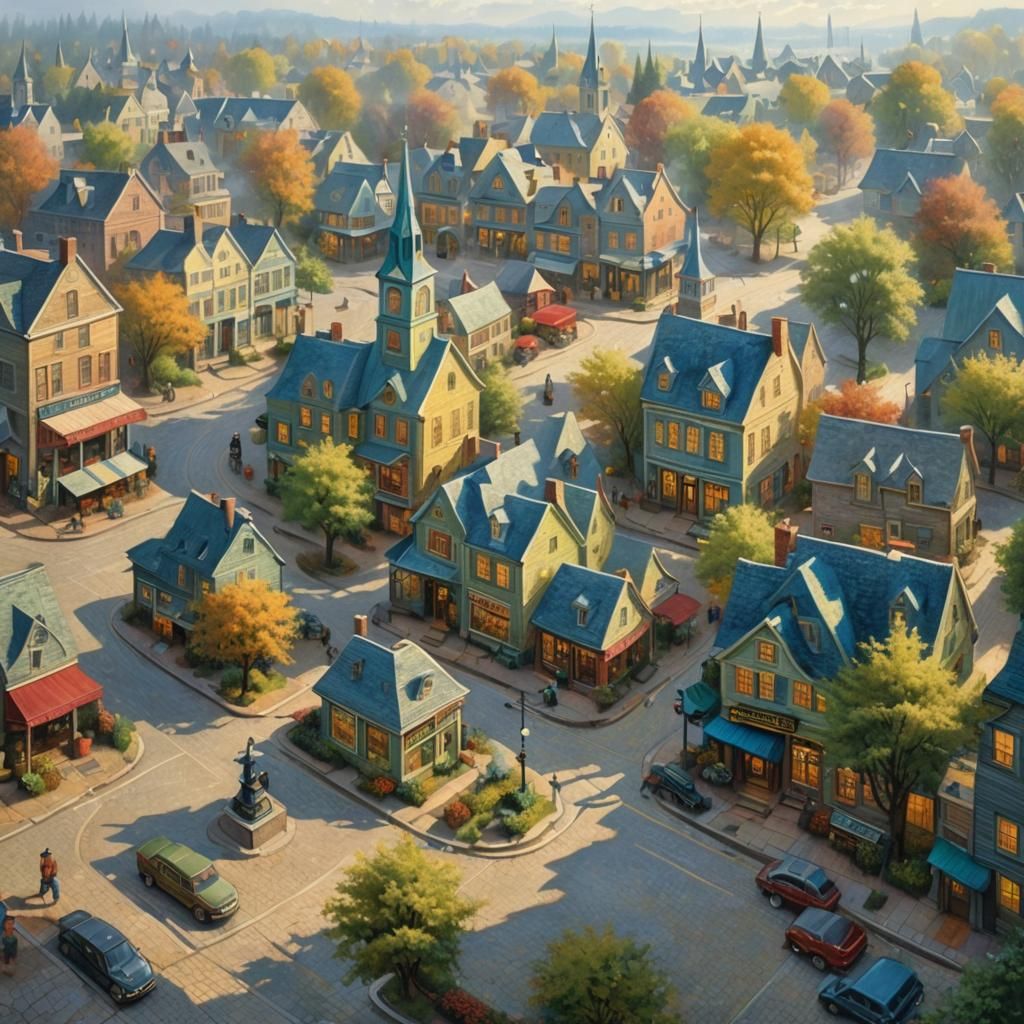 New England Town Square: A Van Gogh-Style Painting