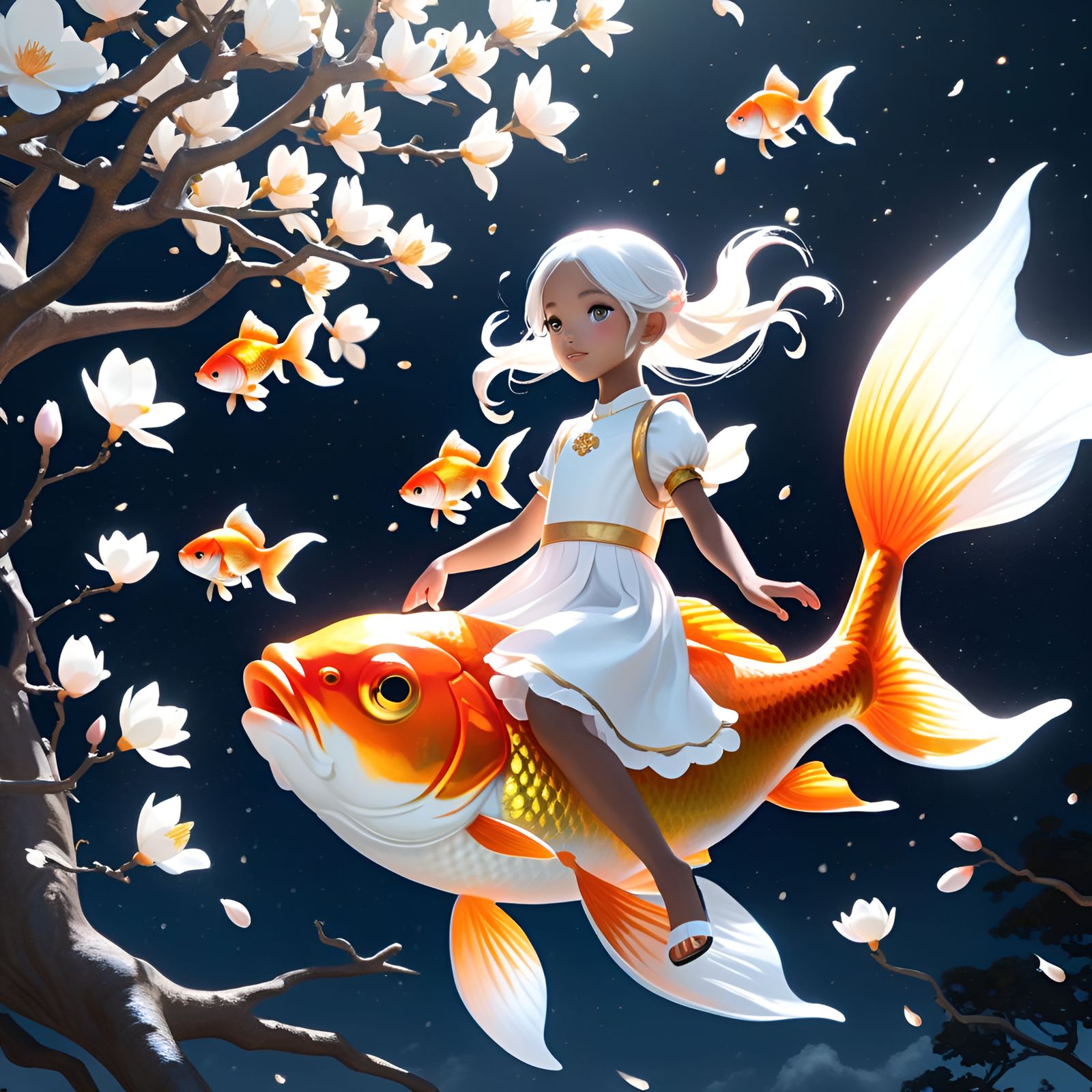 Girl Riding Goldfish in Sky, Hyperdetailed Digital Art